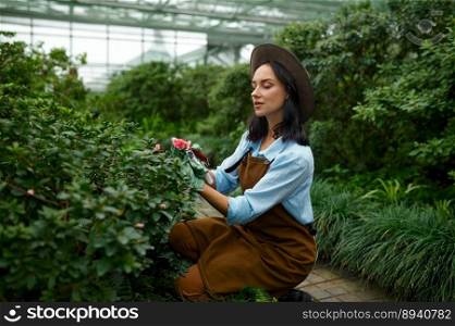 Young woman gardener cutting flower buds blossom working in greenhouse. Happy female florist grooming plants with love and admiration. Young woman gardener cutting flower buds working in greenhouse