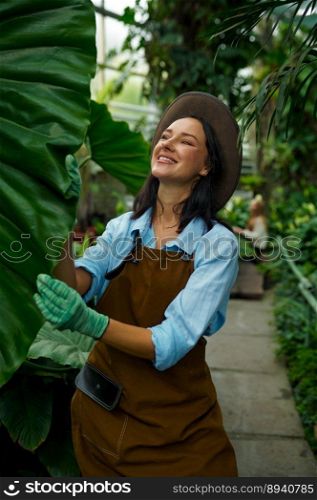 Young woman gardener examining giant tropical plant leaves grown in greenhouse. Botanical garden concept. Young woman gardener examining giant tropical plant leaves grown in greenhouse