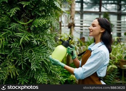 Young woman gardener spraying water on plants leaves for fast growth working at greenhouse. Greenery at hothouse. Young woman gardener spraying water on plants leaves working at greenhouse