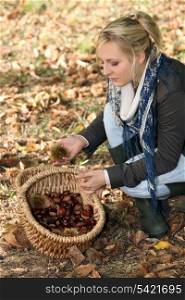 Young woman gathering chestnuts