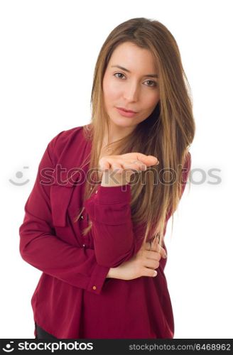 young woman giving a kiss isolated on white background