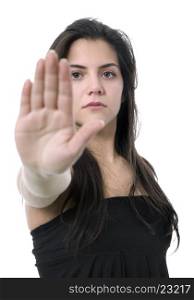 young woman going stop with her hand, isolated