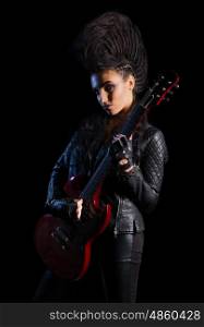 Young woman hard rock musician isolated
