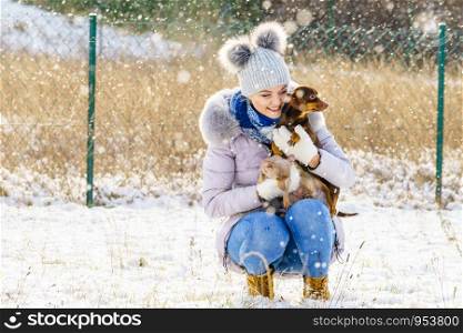 Young woman having fun during winter. Female playing with her two small purebreed dogs puppies while snow is snowing. Woman playing with dogs during winter