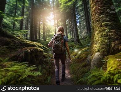 Young woman hiking in green summer forest with backpack.AI Generative.