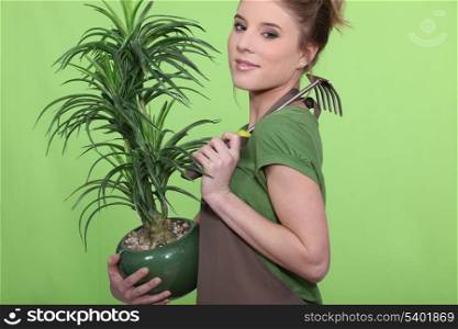 Young woman holding a plant