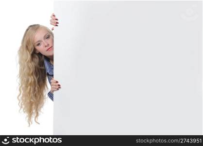 young woman holding large vertical blank. Isolated on white
