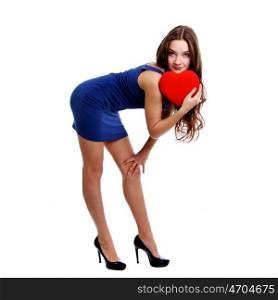 Young woman holding red heart, Valentine day concept, isolated over white