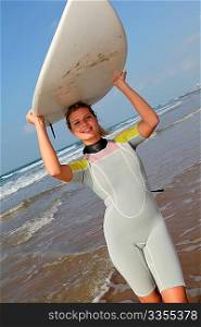 Young woman holding surfboard at the beach