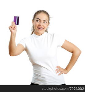 young woman holds in her hand a credit card