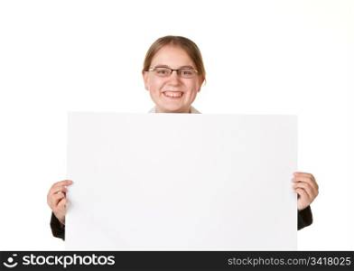 young woman in a business suit with a white sign