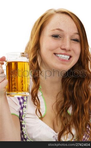 young woman in bavarian dress showing a glass with beer. young woman in bavarian dress showing a glass with beer on white background