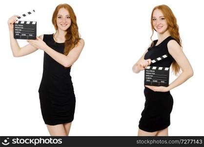 Young woman in black dress holding clapper-board  . Young woman in black dress holding clapper-board 