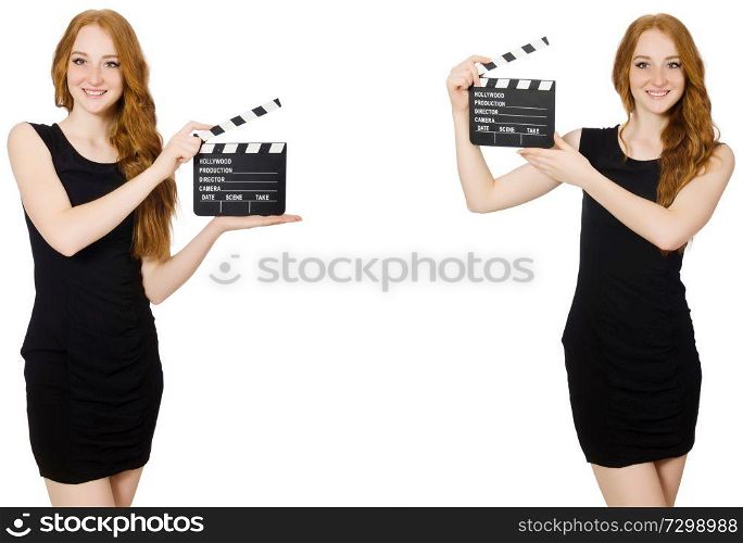 Young woman in black dress holding clapper-board . Young woman in black dress holding clapper-board