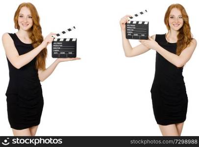 Young woman in black dress holding clapper-board . Young woman in black dress holding clapper-board