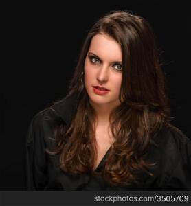 Young woman in black shirt fashion portrait brunette model