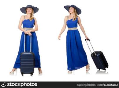 Young woman in blue dress and suitcase isolated on white