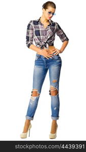 Young woman in blue jeans isolated