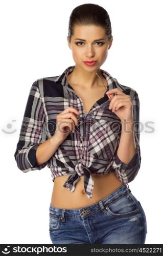 Young woman in blue jeans isolated