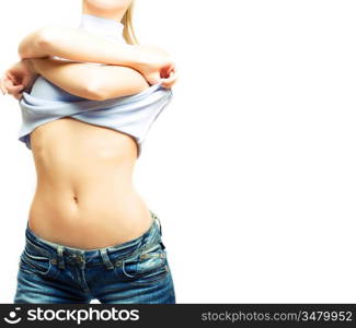 young woman in blue jeans undressing, over white, with copyspace