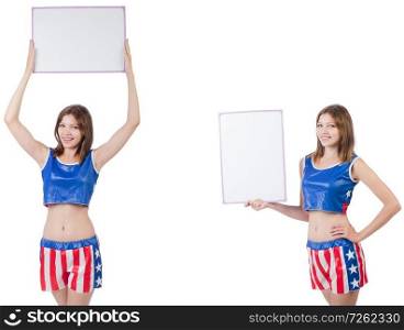 Young woman in boxing pants holding the board . The young woman in boxing pants holding the board 