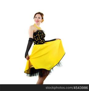 young woman in bright colour dress in 60&#39;s style