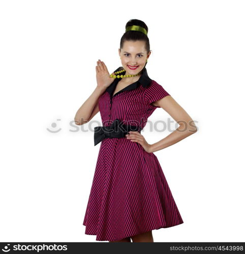 young woman in bright colour dress in 60&#39;s style