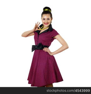 young woman in bright colour dress in 60&#39;s style