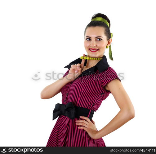 young woman in bright colour dress in 60&#39;s style