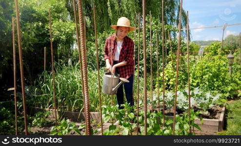 Young woman in farmer hat watering green organic vegetables growing at orchard. People working at backyard garden and orchard. Young woman in farmer hat watering green organic vegetables growing at orchard. People working at backyard garden and orchard.