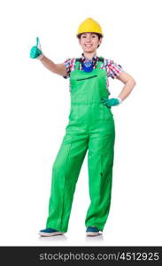 Young woman in green coveralls