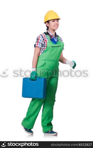 Young woman in green coveralls