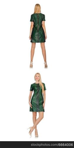 Young woman in green dress isolated on white