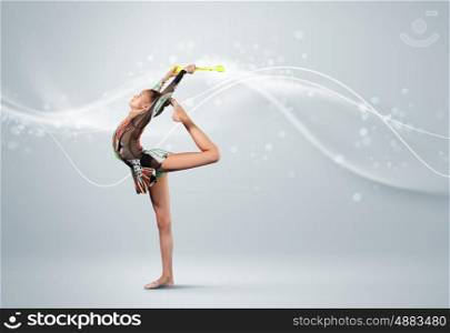 Young woman in gymnast suit posing. Young cute woman in gymnast suit show athletic skill on white background