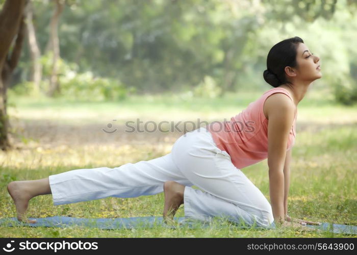 Young woman in lawn stretching
