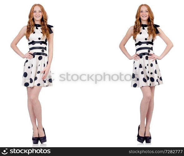 Young woman in polka dot dress isolated on white 