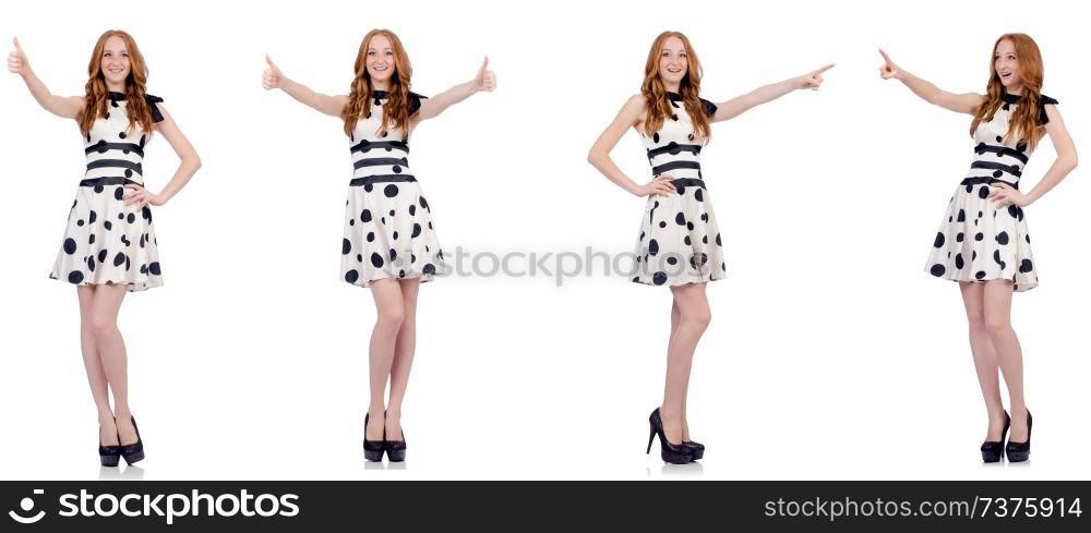 Young woman in polka dot dress isolated on white 