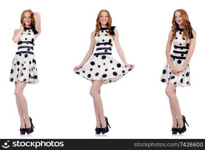 Young woman in polka dot dress isolated on white 