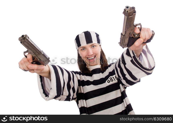 Young woman in prison isolated on white