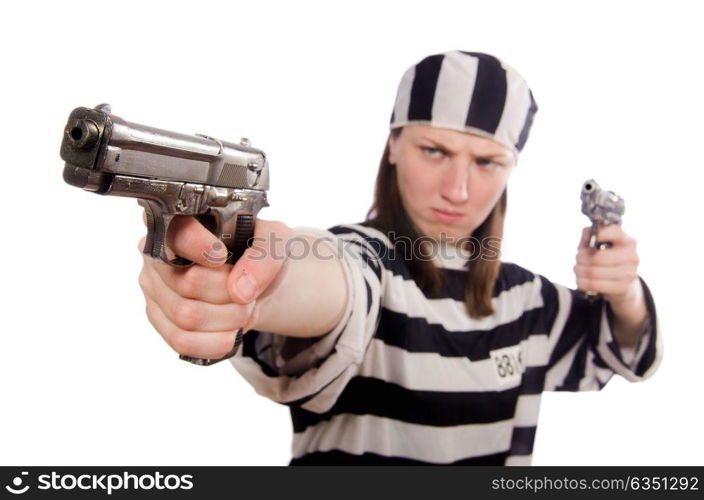 Young woman in prison isolated on white