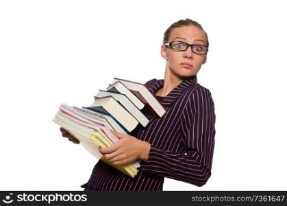 Young woman in purple costume holding books
