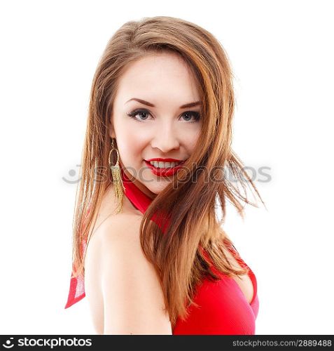 Young woman in red dress . Isolated over white.