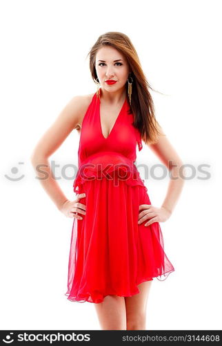 Young woman in red dress . Isolated over white.