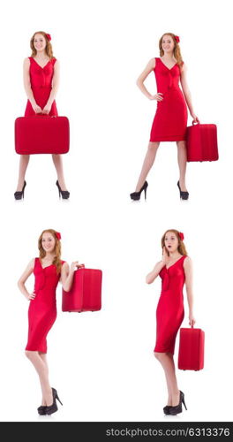 Young woman in red dress with suitcase isolated on white