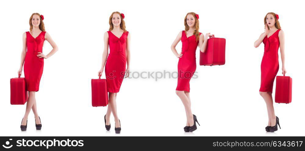 Young woman in red dress with suitcase isolated on white