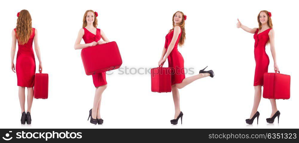 Young woman in red dress with suitcase isolated on white