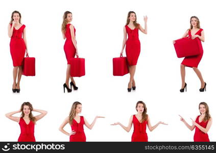 Young woman in red dress with suitcase isolated on white