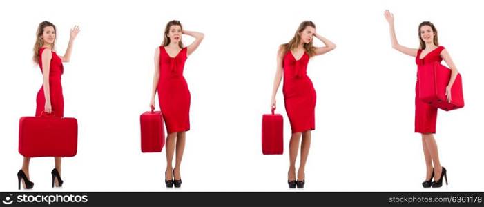 Young woman in red dress with suitcase isolated on white