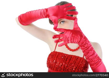 Young woman in red gloves. Isolated on white background