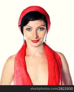 Young woman in red headscarf studio shot on white